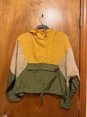 Colorblock Hooded Anorak Jacket in Mustard, Olive & Beige